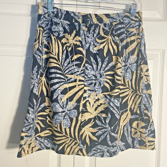Ruff Hewn Wrap Skirt Women 12 Blue Tan Tropical Print Linen Blend Beachy Coastal - Picture 3 of 8